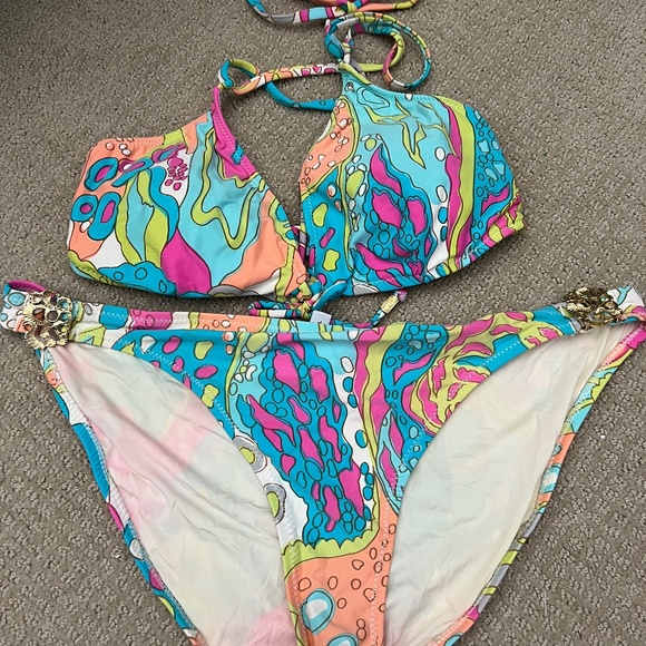Trina Turk Bikini Set Multicolor Abstract Print Halter Top & Side Hipster Bottom - Picture 1 of 3